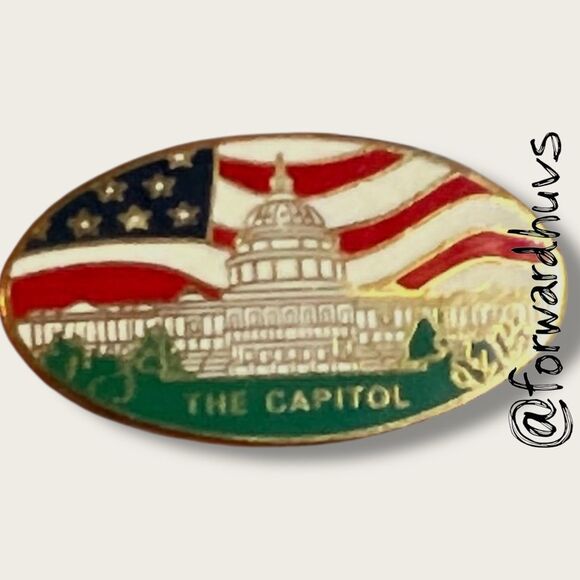 Pair of Oval Capitol Pins – U.S. Flag & Building Design – Gold Tone Backs - Picture 2 of 8